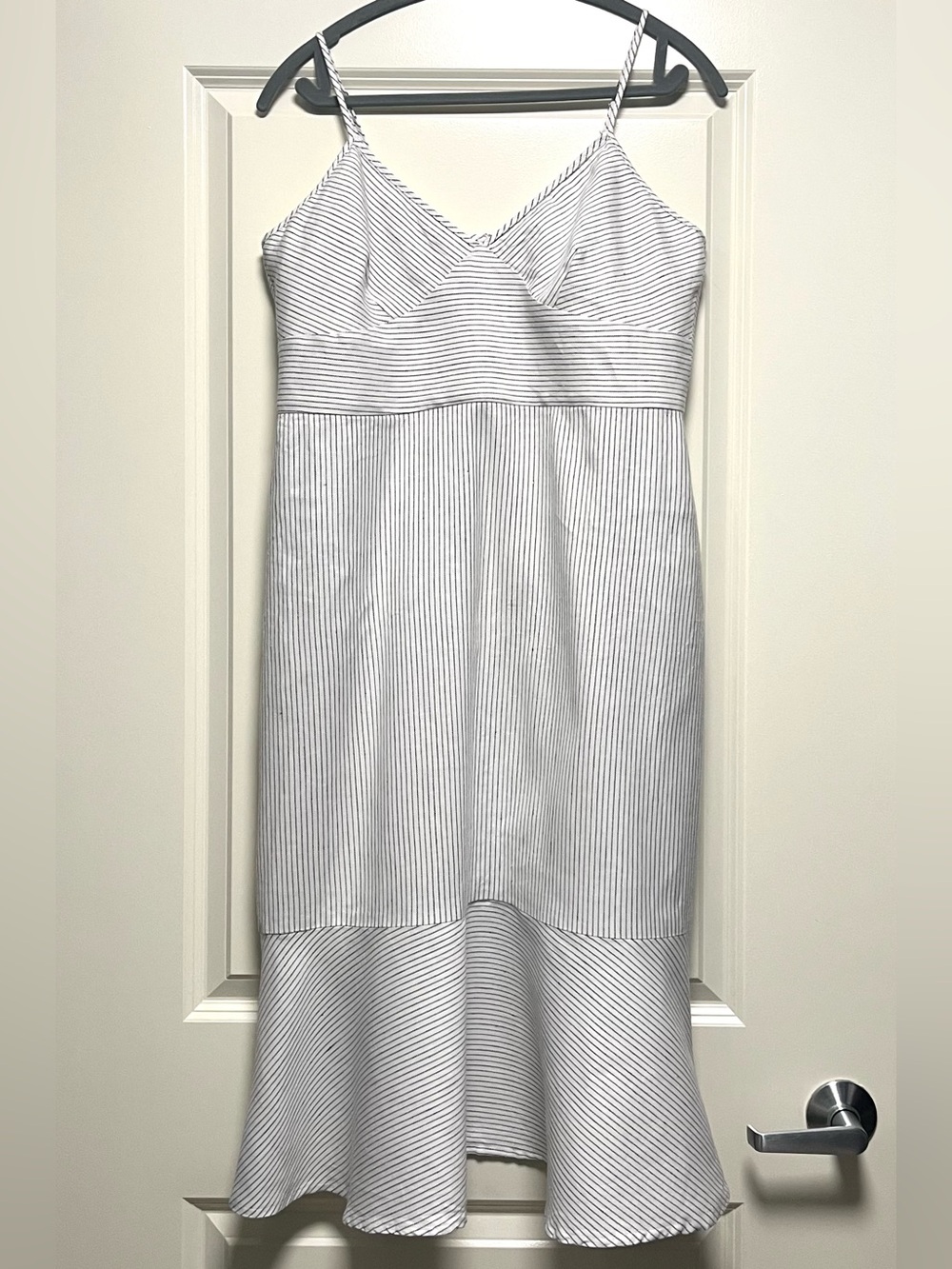 Banana Republic Linen Blend Fit & Flare Summer Dress Midi White Pinstripe 14